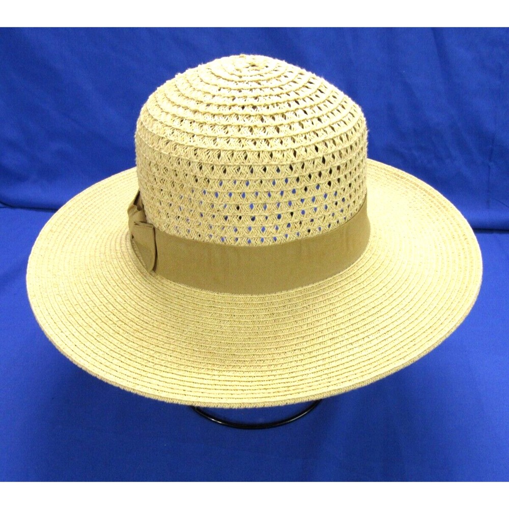 THE HATTER COMPANY Wide Brim Hat NATURAL/BEIGE Sun Hat BEACH VENTED TOP Ribbon